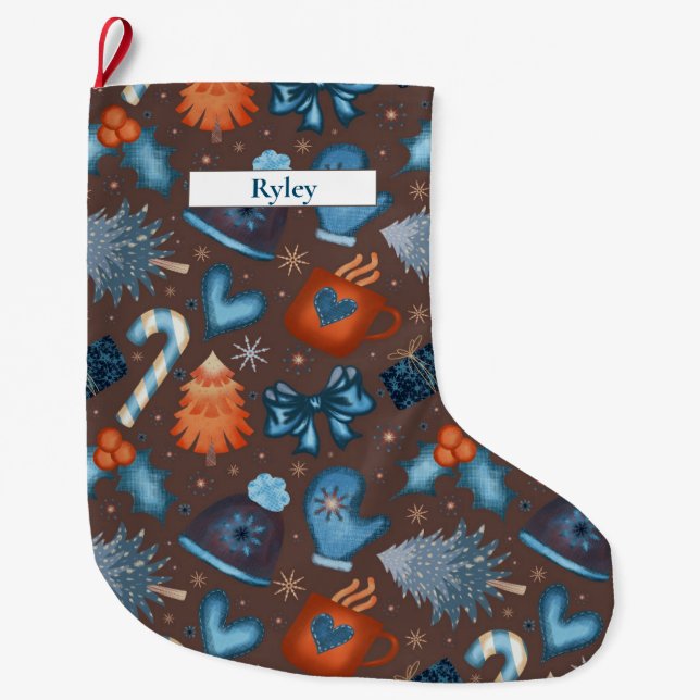 Meia De Natal Grande FesWinter Holiday Patterno Brown Blue Orange (Frente)