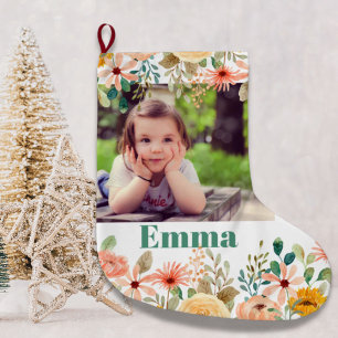 Meia De Natal Grande Filha Personalizada Floral Filho Foto do neto
