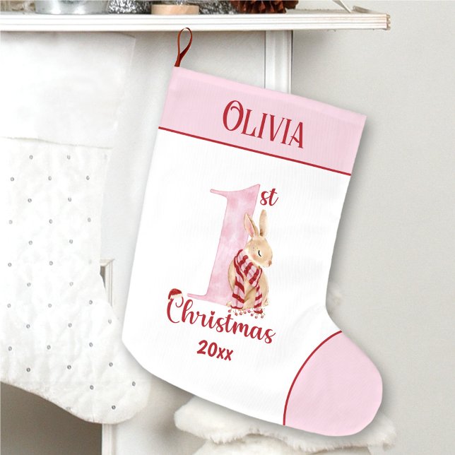 Meia De Natal Grande Filhinha de Natal de 1rua Nome Rosa (1st Christmas Bunny Baby Girl Pink Name Large Christmas Stocking)