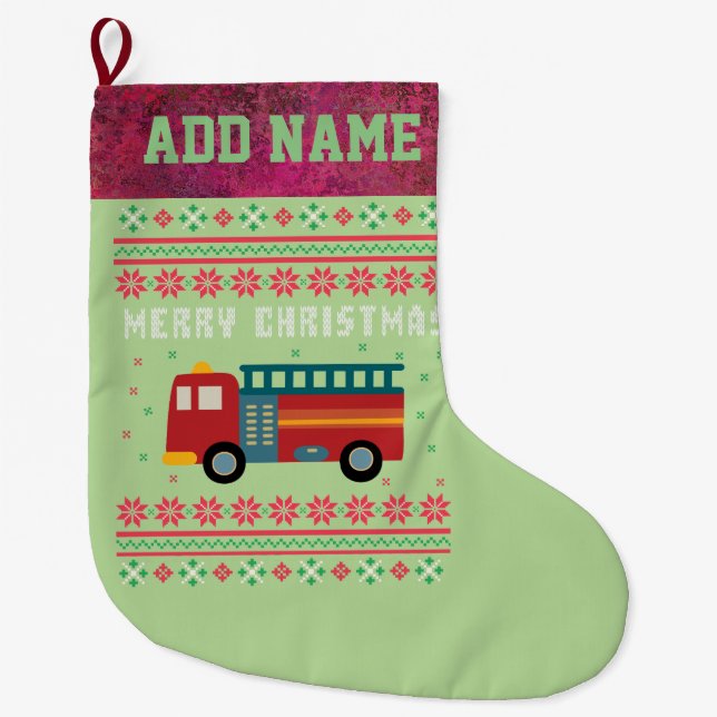 Meia De Natal Grande Fire Truck Ugly Christmas Sweater (Frente)