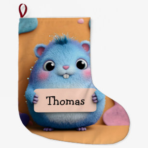 Meia De Natal Grande Fixe Fluffy Blue Hamster Segurando um Sinal com No