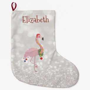 Meia De Natal Grande Flamingo Rosa Com Chapéu de Papai Noel, Bokeh Bril