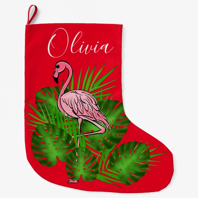 Meia De Natal Grande Flamingo rosa, Folhas tropicais (Frente)