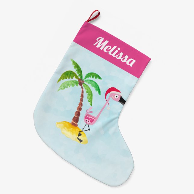 Meia De Natal Grande Flamingo Rosa no Natal Vermelho (Frente (Pendurada))