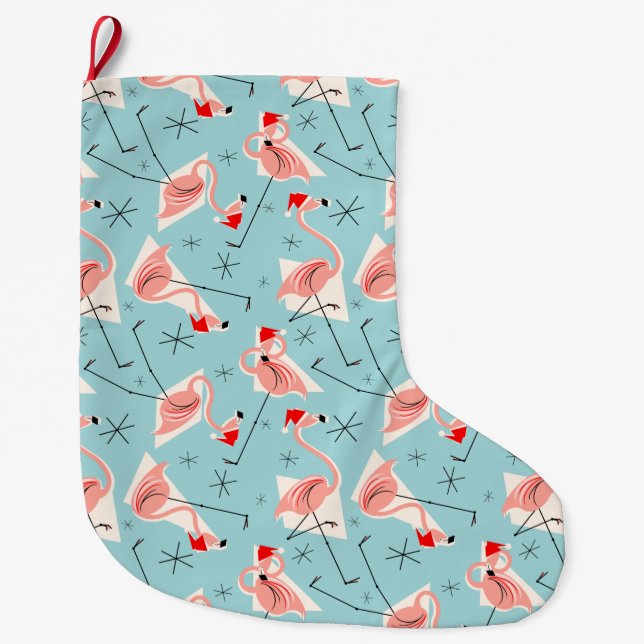 Meia De Natal Grande Flamingo Santas Blue Multi-stocking (Frente)