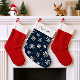 Meia De Natal Grande Floco de neve Marinho azul e branco personalizado