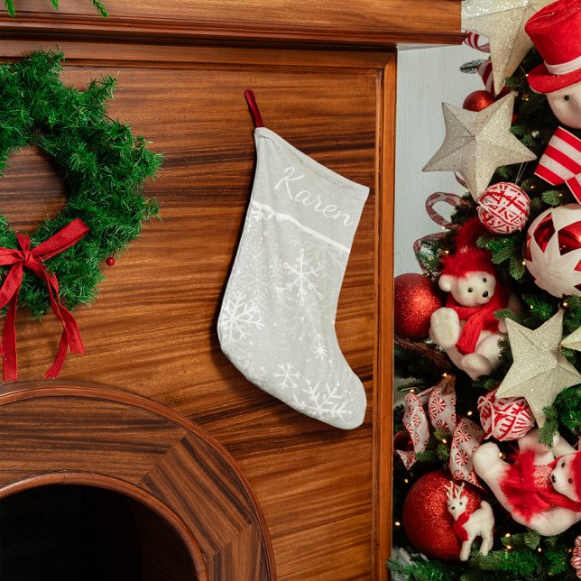 Meia De Natal Grande Flocos de neve brancos e prateados (Silver and white snowflakes name Christmas Large Christmas Stocking)