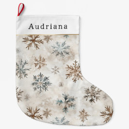 Meia De Natal Grande Flocos de Neve Creme Azul Marrom  