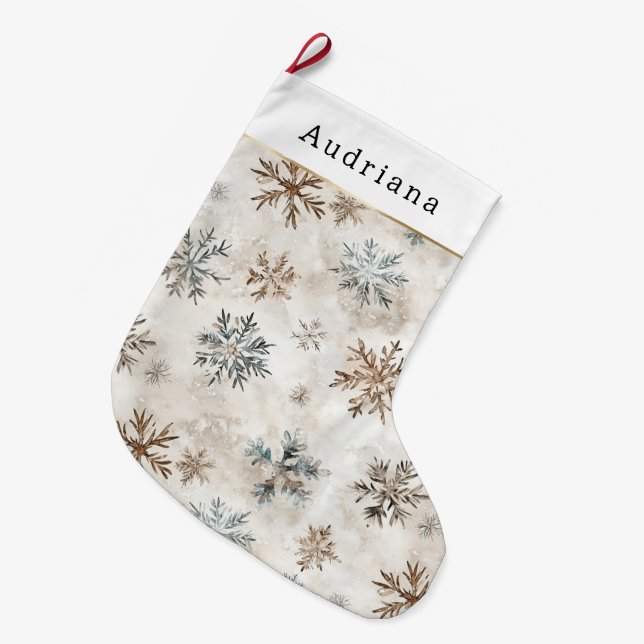 Meia De Natal Grande Flocos de Neve Creme Azul Marrom   (Frente (Pendurada))