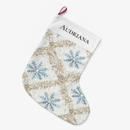 Meia De Natal Grande Flocos de neve de Natal com Creme Azul