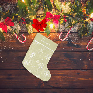 Meia De Natal Grande Flocos de neve Dourados e brancos nome Natal
