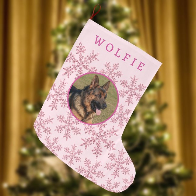 Meia De Natal Grande Flocos De Neve Rosa Glam Simples, Faca Ou Foto Pet (Double sided faux glitter pink snowflake Christmas stocking fun for pets and kids)