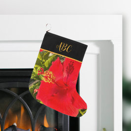 Meia De Natal Grande Flor Vermelho Tropical do Monograma Personalizado