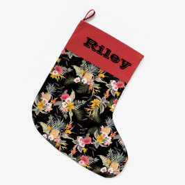 Meia De Natal Grande Floral tropical do abacaxi em preto