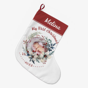 Meia De Natal Grande Floral wreath Baby's First Christmas