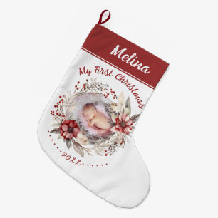 Meia De Natal Grande Floral wreath Baby's First Christmas Photo red