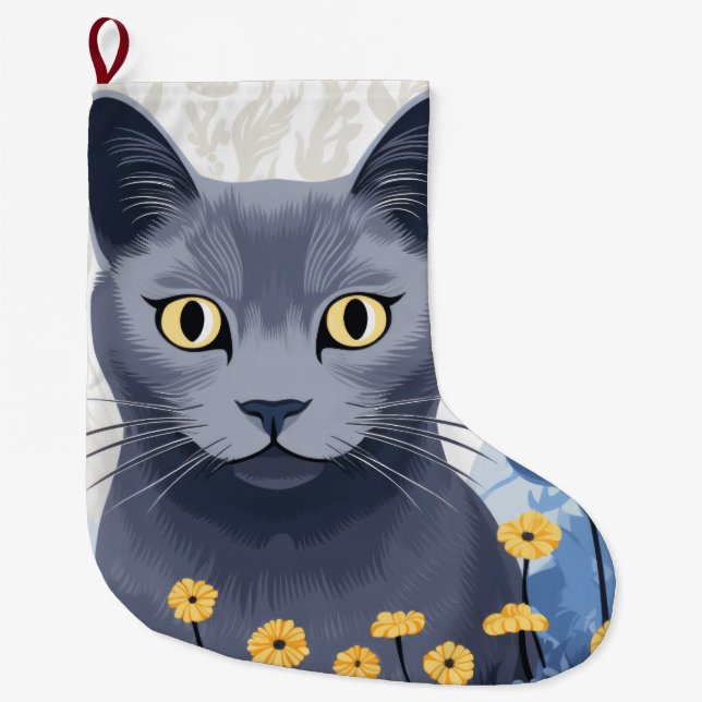 Meia De Natal Grande Flores Amarelas do Gato Azul Russo (Frente)