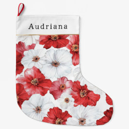 Meia De Natal Grande Flores Brancas Vermelhas Natal