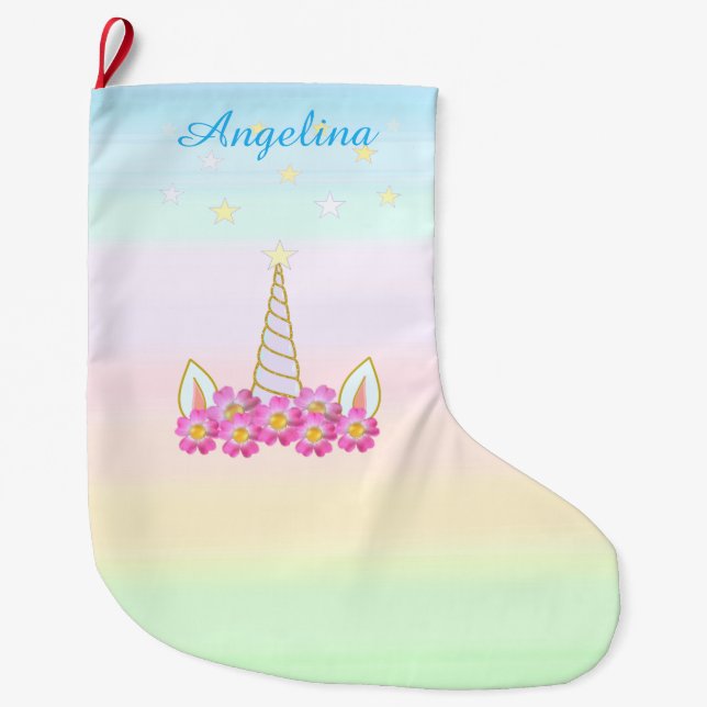 Meia De Natal Grande Flores & Estrelas de Unicórnio (Frente)