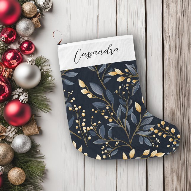 Meia De Natal Grande Folha De Natal Azul E Dourada Moderna (Blue & Gold Leaves Christmas Stocking)