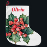 Meia De Natal Grande Folhas de bagas ocas de coloração aquosa da vindim<br><div class="desc">Uma pintura de aquarela vintage de bagas e folhas sagradas clássicas. Personalizável!</div>