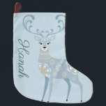 Meia De Natal Grande Folk Art Winter Deer Personalizado<br><div class="desc">Veado com designs de arte folclórica sobre fundo azul claro. Personalizado com nome ou título</div>