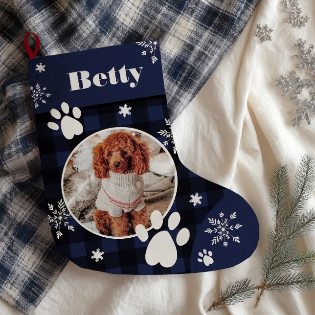 Meia De Natal Grande Foto de animal de estimação, marinho azul, engraça (Funny cute navy blue plaid dog pet photo Christmas Large Christmas Stocking)