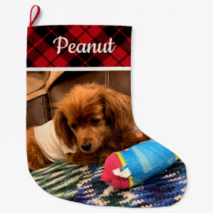 Meia De Natal Grande Foto de animal xadrez vermelho personalizada rever