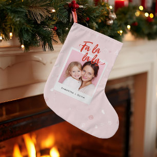 Meia De Natal Grande Foto de Natal Personalizada Fa La La Pink