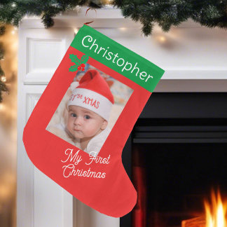 Meia De Natal Grande Foto do Primeiro Bebê Nome Personalizado Menino ou