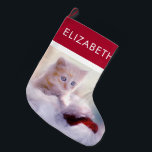 Meia De Natal Grande Fotografia de Kitten de Natal<br><div class="desc">Uma meia festiva de natal de natal com uma fotografia de um gatinho gengibre sentado sobre um chapéu branco e vermelho de Papai Noel. Personalize com um nome.</div>