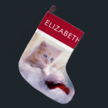 Meia De Natal Grande Fotografia de Kitten de Natal<br><div class="desc">Uma meia festiva de natal de natal com uma fotografia de um gatinho gengibre sentado sobre um chapéu branco e vermelho de Papai Noel. Personalize com um nome.</div>