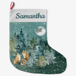 Meia De Natal Grande Fox Family in Forest Moon Snowfall Watercolor