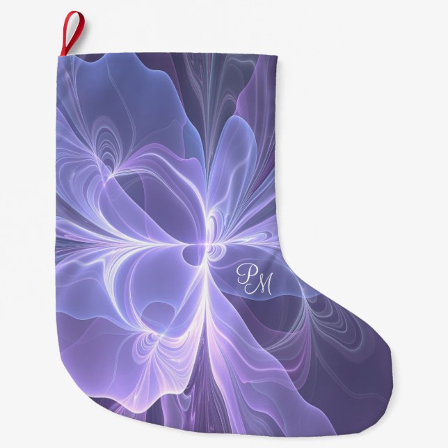 Meia De Natal Grande Fractal Moderno de Abstrato Roxo Monograma (Frente)