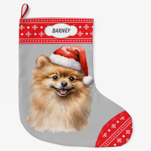 Meia De Natal Grande Fronteira de Neve do Cachorro Pomeraniano Santa Ha