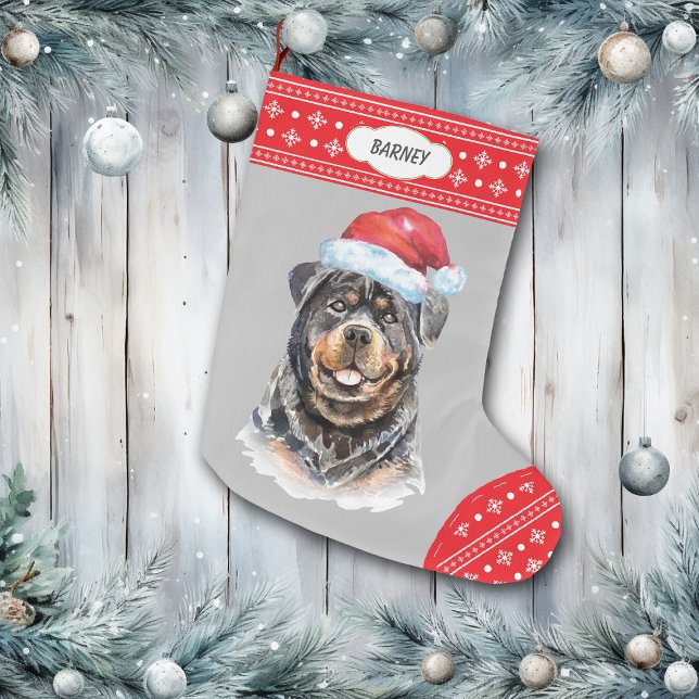 Meia De Natal Grande Fronteira do Floco de Neve do Santa Hat Rottweiler (Criador carregado)