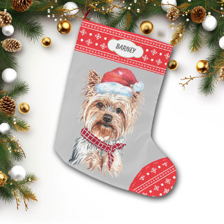 Meia De Natal Grande Fronteira do Floco de Neve do Yorkie Santa Hat