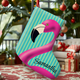 Meia De Natal Grande Fun Flamingo Hot Pink Aqua Stripes Modern Tropical