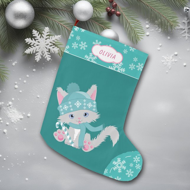 Meia De Natal Grande Gatinho Floco de Neve de Teal Bonito (Criador carregado)