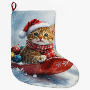 Meia De Natal Grande Gato Abissínio em Trenó Deixe Nevar Natal