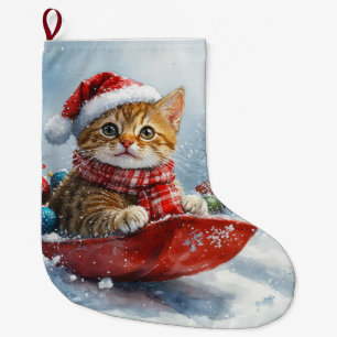 Meia De Natal Grande Gato Abissínio em Trenó Deixe Nevar Natal
