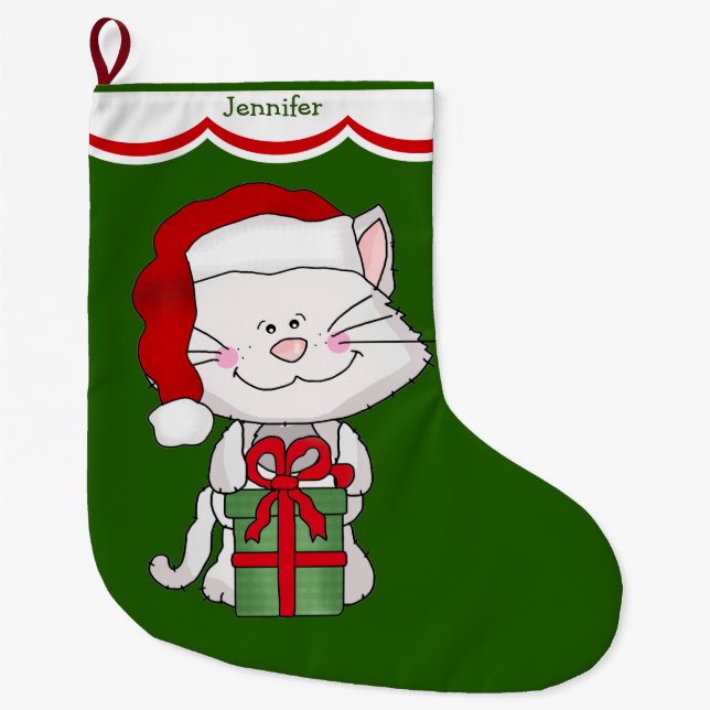 Meia De Natal Grande Gato branco do gatinho (Frente)