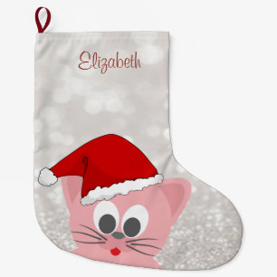 Meia De Natal Grande Gato Fofo Com Chapéu de Papai Noel, Bokeh Brilhant