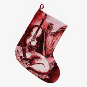MEIA DE NATAL GRANDE GATO MUSICAL COM VIOLINA DE OWL E HARP, VERMELHO B