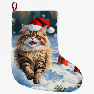 Meia De Natal Grande Gato Persa Sentado na Neve com Chapéu de Natal