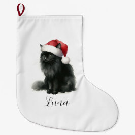 Meia De Natal Grande Gato Preto de Aquarelas na Festiva Santa Hat