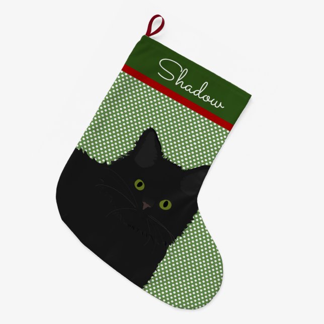 Meia De Natal Grande Gato Preto de Cabelo Longo Personalizado (Frente (Pendurada))