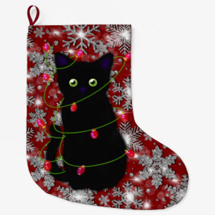 Meia De Natal Grande Gato preto fofo Meowy Natal floco de neve brilhant