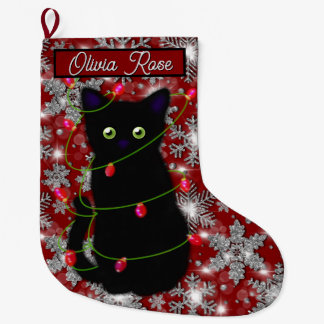 Meia De Natal Grande Gato preto fofo Meowy Natal floco de neve cintilan