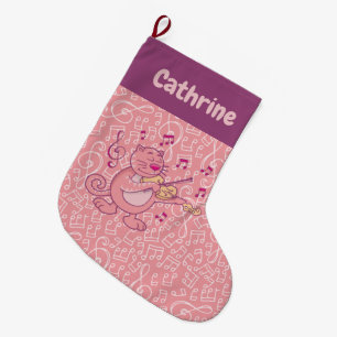 Meia De Natal Grande Gato Rosa com Violino Grande Banho de Natal